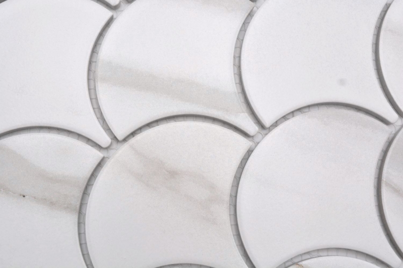 Hand-painted ceramic mosaic fan Calacatta fish scales white gray-brown matt MOS13-FS112_m