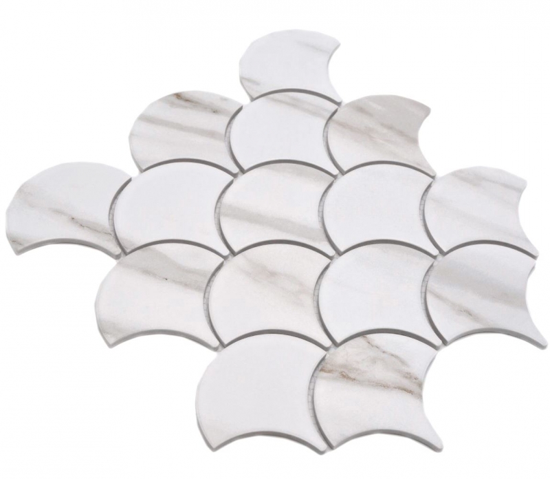 Hand-painted ceramic mosaic fan Calacatta fish scales white gray-brown matt MOS13-FS112_m