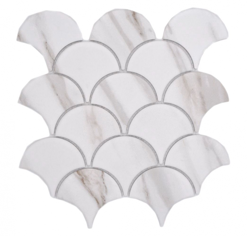 Hand-painted ceramic mosaic fan Calacatta fish scales white gray-brown matt MOS13-FS112_m