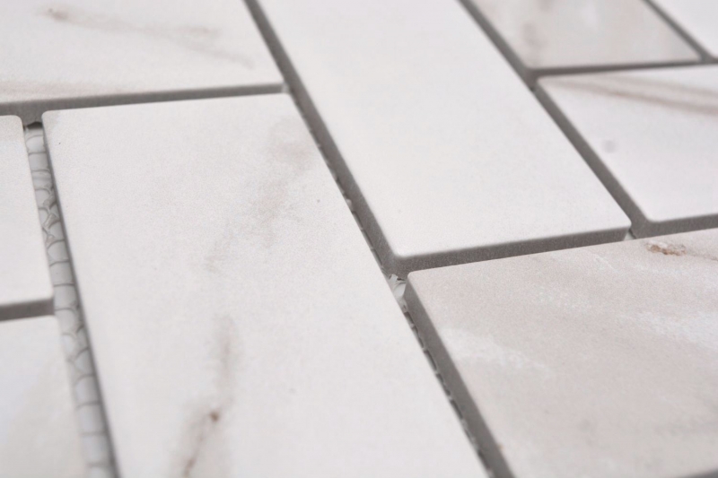 Hand-painted ceramic mosaic tile herringbone Calacatta white gray-brown matt MOS24-1112_m