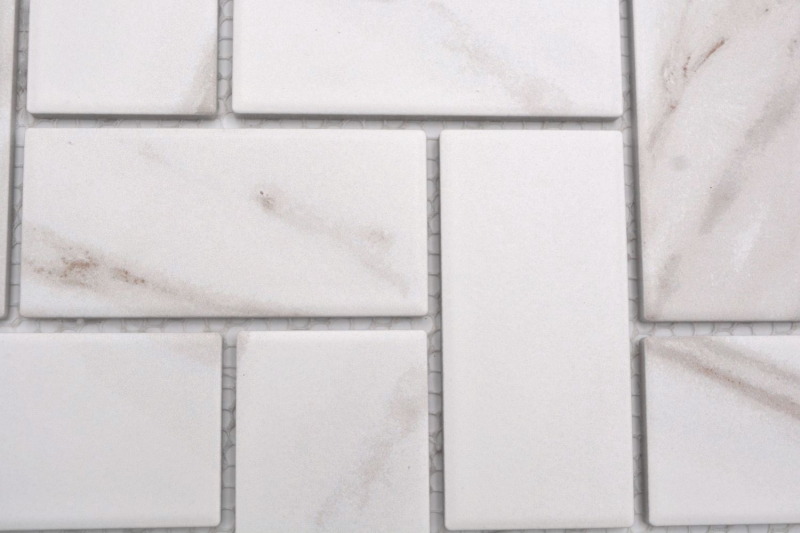 Hand-painted ceramic mosaic tile herringbone Calacatta white gray-brown matt MOS24-1112_m