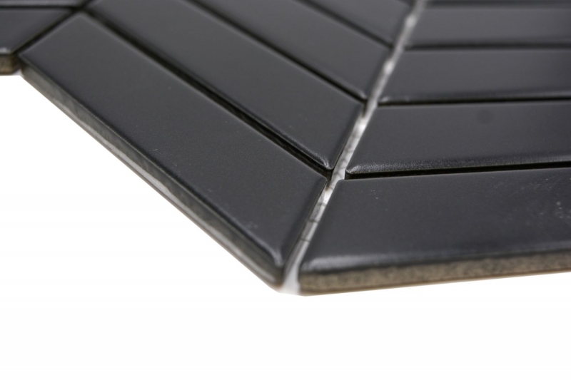 Hand-painted ceramic mosaic tile herringbone plain black matt MOS24-EV29_m