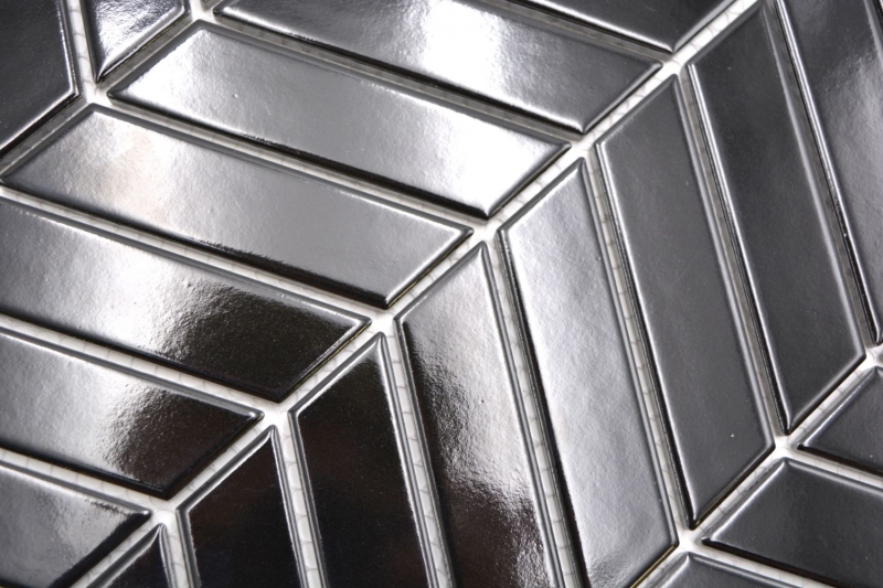 Hand-painted ceramic mosaic tile herringbone plain black glossy MOS24-EV39_m