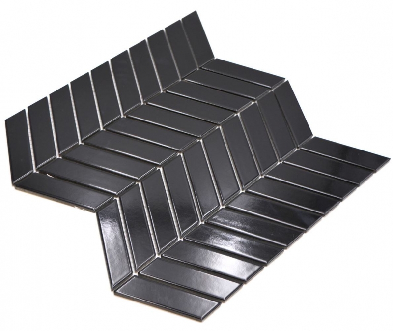 Hand-painted ceramic mosaic tile herringbone plain black glossy MOS24-EV39_m