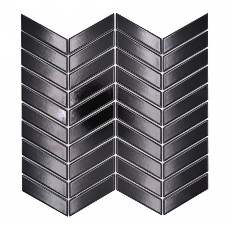 Hand-painted ceramic mosaic tile herringbone plain black glossy MOS24-EV39_m