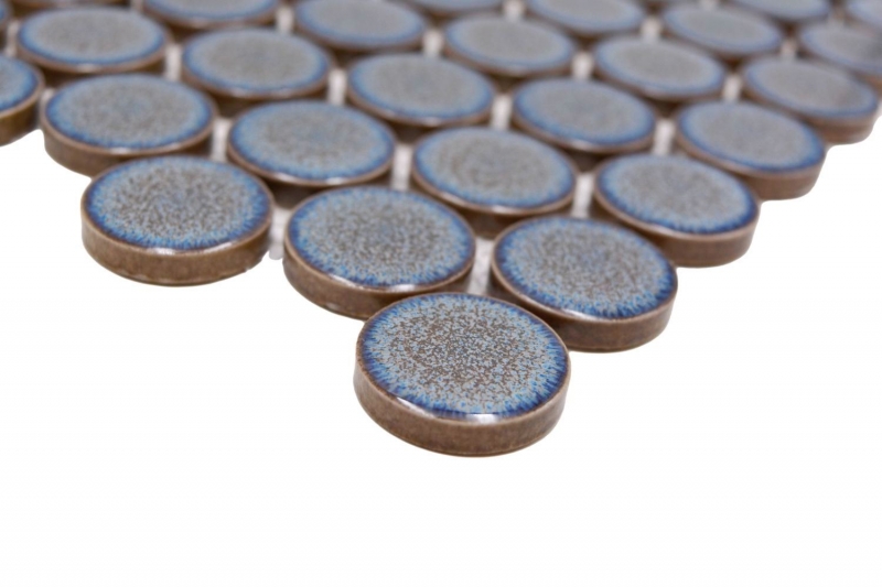 Hand-patterned ceramic mosaic tile Button Loop Penny Round uni gray-blue anthracite glossy MOS10-0204GR_m
