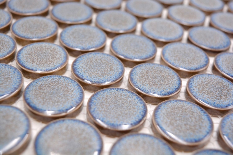 Hand-patterned ceramic mosaic tile Button Loop Penny Round uni gray-blue anthracite glossy MOS10-0204GR_m