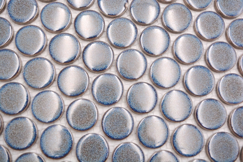Hand-patterned ceramic mosaic tile Button Loop Penny Round uni gray-blue anthracite glossy MOS10-0204GR_m