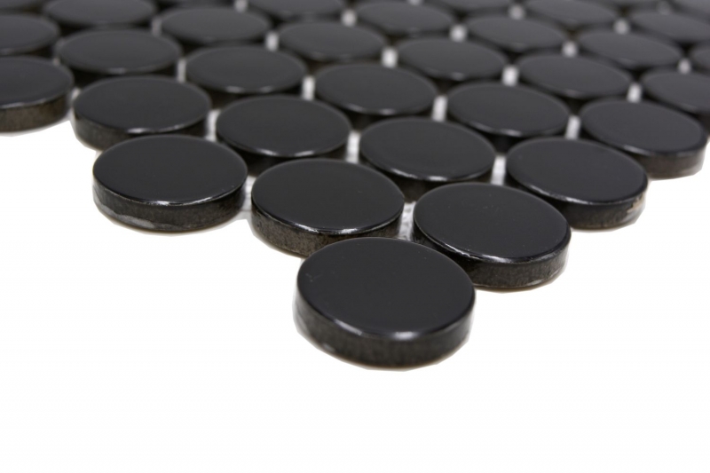Hand-patterned ceramic mosaic tile Button Loop Penny Round uni black glossy MOS10-0300GR_m
