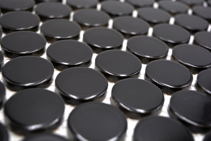 Hand-patterned ceramic mosaic tile Button Loop Penny Round uni black glossy MOS10-0300GR_m