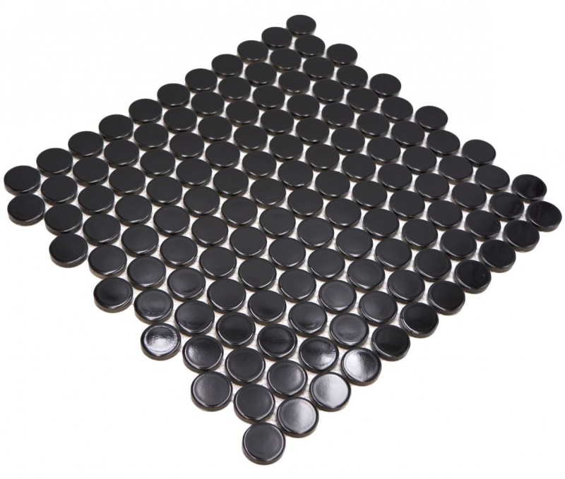 Hand-patterned ceramic mosaic tile Button Loop Penny Round uni black glossy MOS10-0300GR_m
