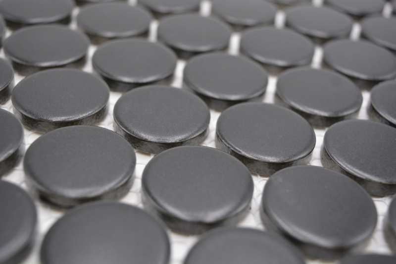 Hand-patterned ceramic mosaic tile Button Loop Penny Round plain black matt MOS10-0311GR_m