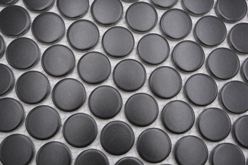 Hand-patterned ceramic mosaic tile Button Loop Penny Round plain black matt MOS10-0311GR_m