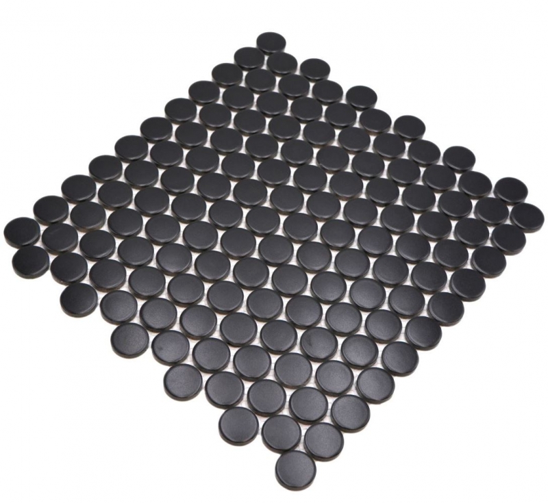 Hand-patterned ceramic mosaic tile Button Loop Penny Round plain black matt MOS10-0311GR_m