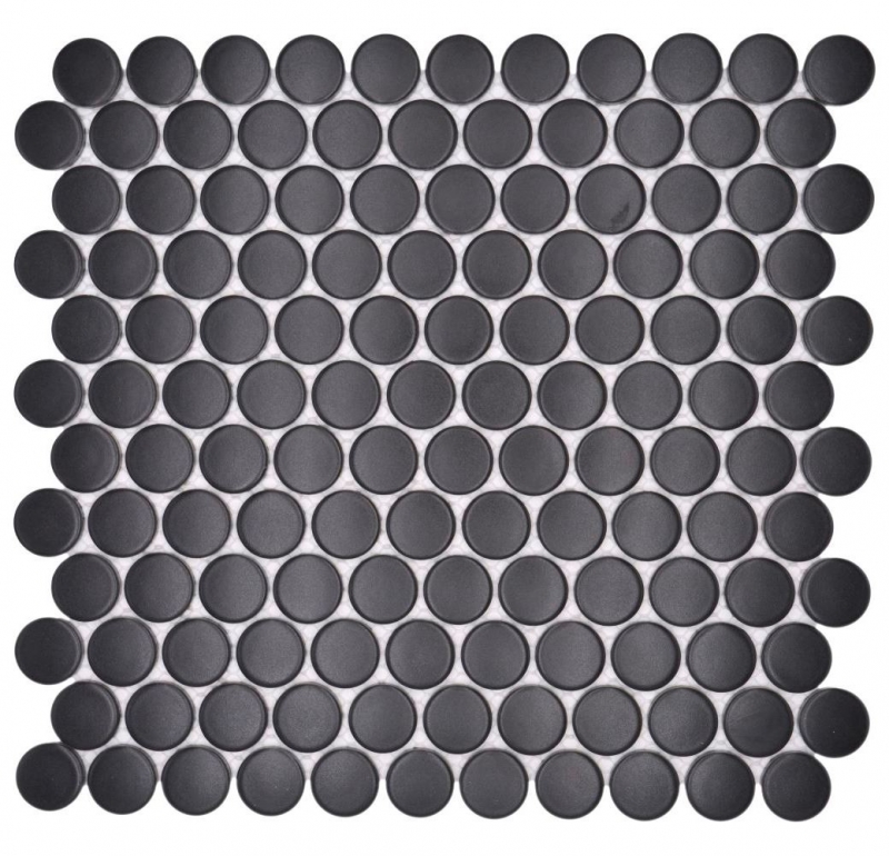 Hand-patterned ceramic mosaic tile Button Loop Penny Round plain black matt MOS10-0311GR_m