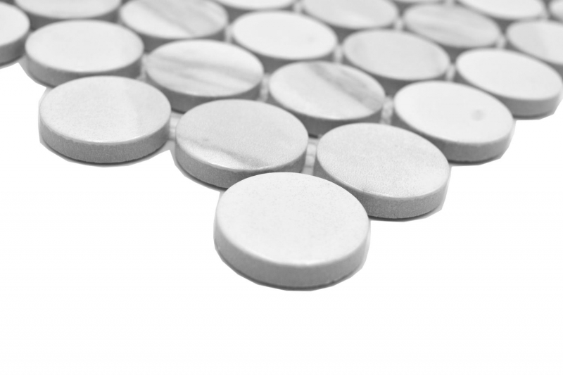Hand-patterned ceramic mosaic tile Button Loop Penny Round Cararra white gray matt MOS10-1102GR_m