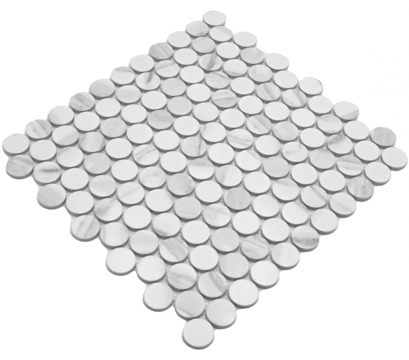 Hand-patterned ceramic mosaic tile Button Loop Penny Round Cararra white gray matt MOS10-1102GR_m