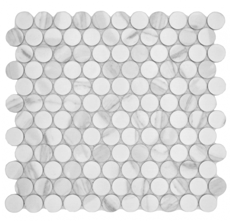 Hand-patterned ceramic mosaic tile Button Loop Penny Round Cararra white gray matt MOS10-1102GR_m