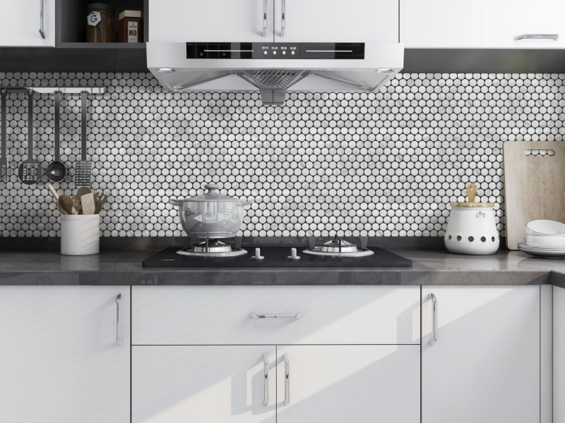 Hand-patterned ceramic mosaic tile Button Loop Penny Round Cararra white gray matt MOS10-1102GR_m
