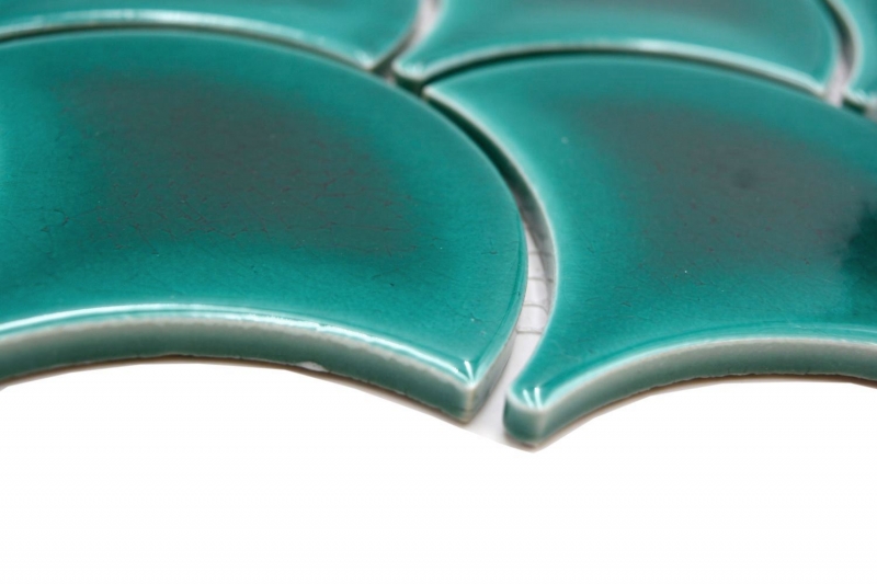 Hand-painted ceramic mosaic tile fan fish scales plain dark green ice crackled style MOS13-FS5_m