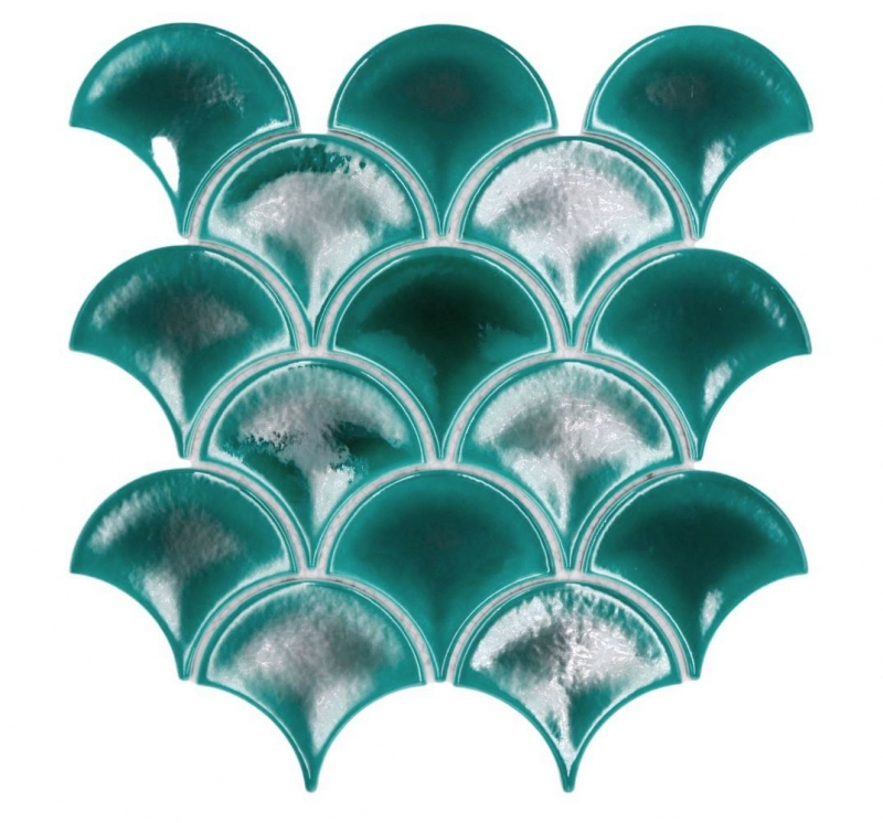 Hand-painted ceramic mosaic tile fan fish scales plain dark green ice crackled style MOS13-FS5_m