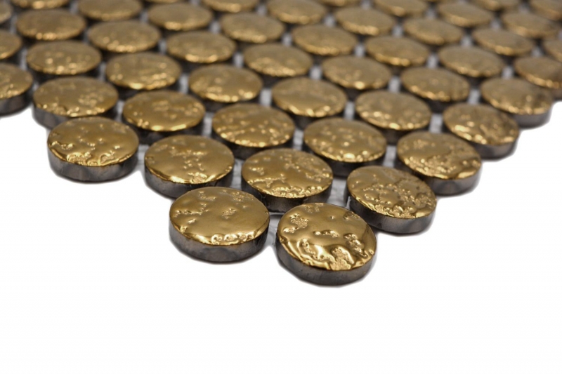 Hand-patterned ceramic mosaic tile Button Loop Penny Round uni gold hammered MOS10-0707_m