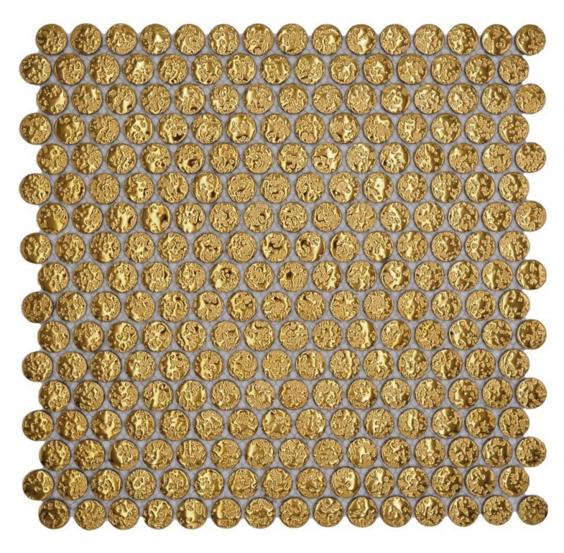 Hand-patterned ceramic mosaic tile Button Loop Penny Round uni gold hammered MOS10-0707_m