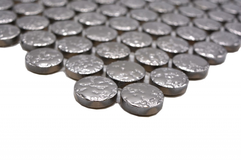 Hand-patterned ceramic mosaic tile Button Loop Penny Round uni silver hammered MOS10-0207_m
