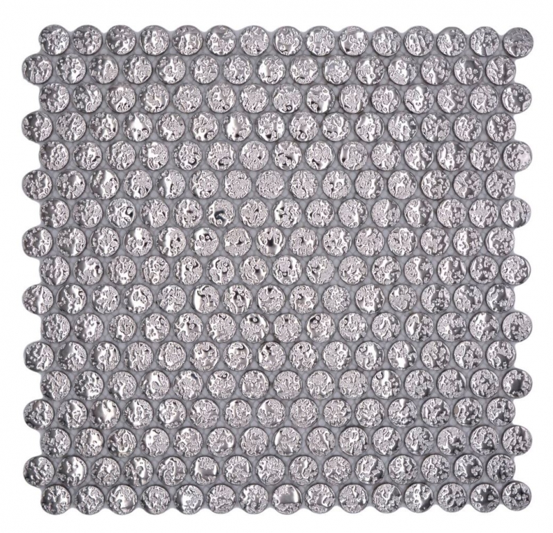 Hand-patterned ceramic mosaic tile Button Loop Penny Round uni silver hammered MOS10-0207_m