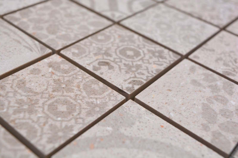 Hand-painted ceramic mosaic tile porcelain stoneware light gray beige patterned MOS14-B1_m