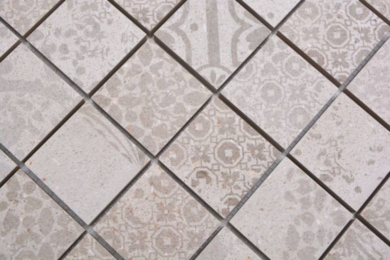 Hand-painted ceramic mosaic tile porcelain stoneware light gray beige patterned MOS14-B1_m
