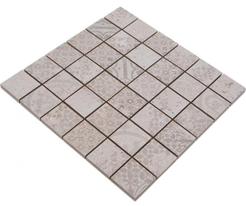 Hand-painted ceramic mosaic tile porcelain stoneware light gray beige patterned MOS14-B1_m