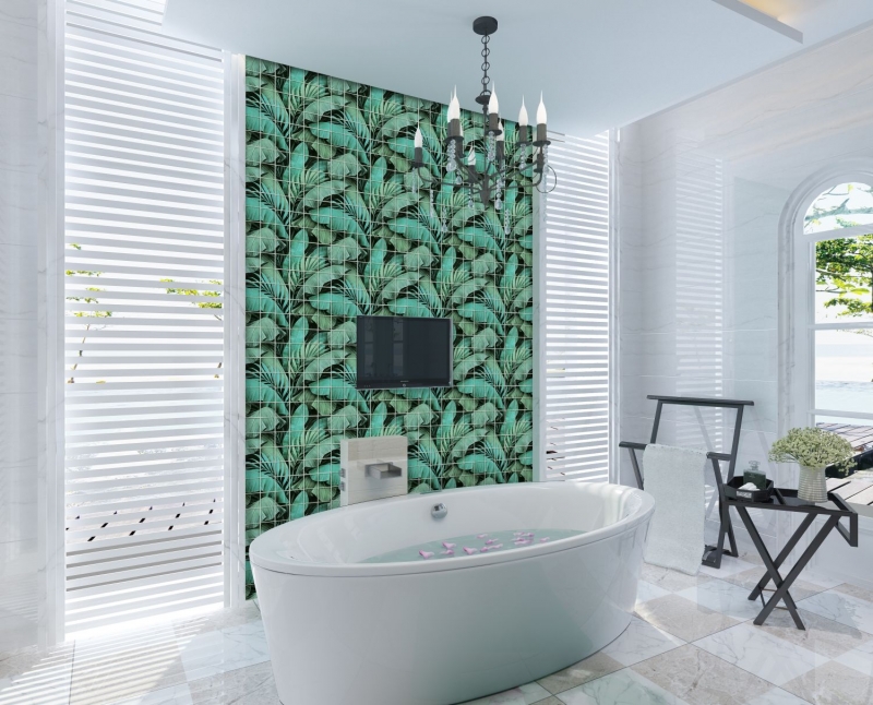 Hand-painted glass mosaic mosaic tile rainforest green black leaves look MOS88-Pic05_m