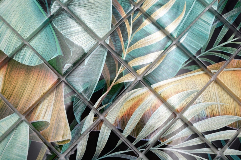Hand-painted glass mosaic mosaic tile rainforest green brown leaves look MOS88-Pic07_m