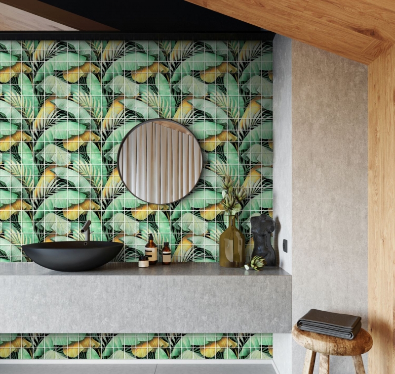 Hand-painted glass mosaic mosaic tile rainforest green brown leaves look MOS88-Pic07_m