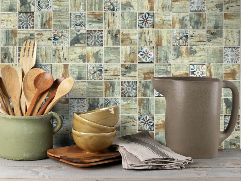 Hand-painted glass mosaic mosaic tile Medio Vintage Patchwork beige wood-effect ornament MOS160-W700_m