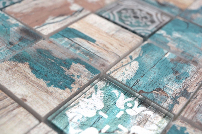 Hand-painted glass mosaic mosaic tile Medio Vintage Patchwork beige pertrol wood effect ornament MOS160-W800_m
