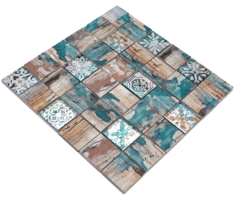 Hand-painted glass mosaic mosaic tile Medio Vintage Patchwork beige pertrol wood effect ornament MOS160-W800_m