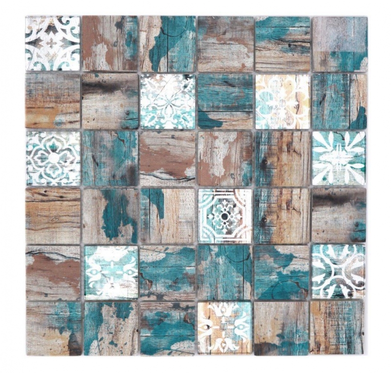 Hand-painted glass mosaic mosaic tile Medio Vintage Patchwork beige pertrol wood effect ornament MOS160-W800_m
