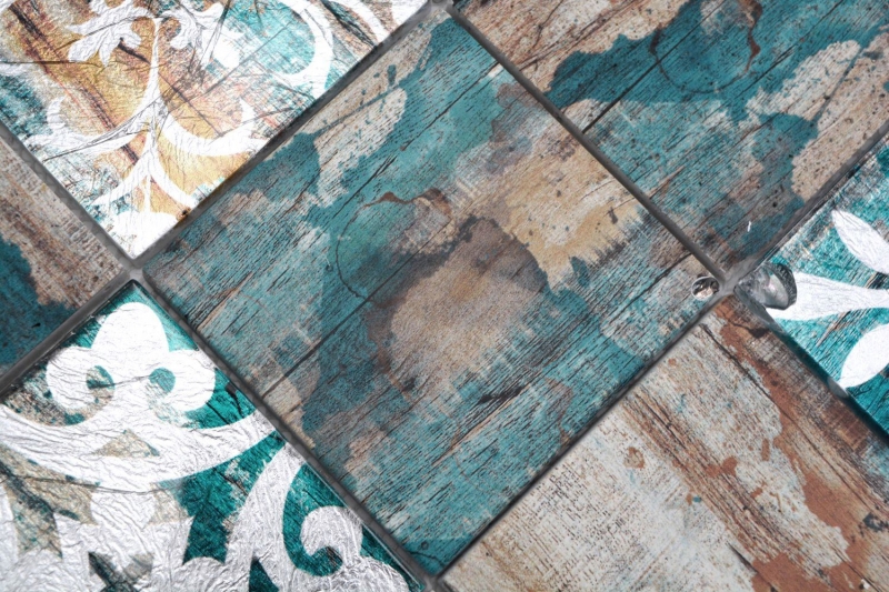 Hand-painted glass mosaic mosaic tile Piastrella Vintage Patchwork beige pertrol wood effect ornament MOS160-W850_m