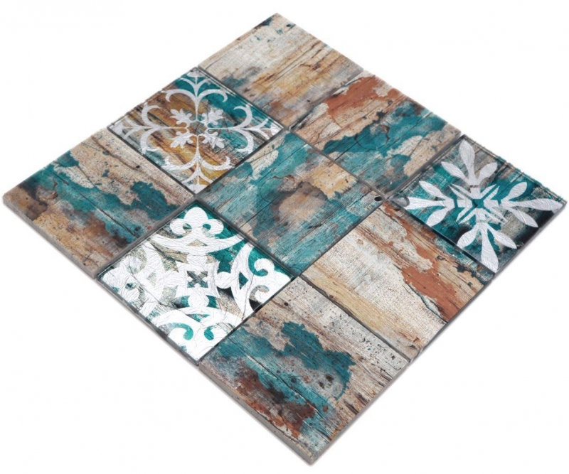 Hand-painted glass mosaic mosaic tile Piastrella Vintage Patchwork beige pertrol wood effect ornament MOS160-W850_m
