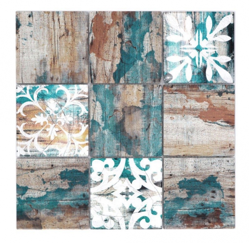 Hand-painted glass mosaic mosaic tile Piastrella Vintage Patchwork beige pertrol wood effect ornament MOS160-W850_m