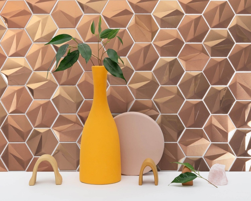 Hand-painted stainless steel hexagon mosaic tiles 3D steel rose gold glossy/matt MOS128-BR_m