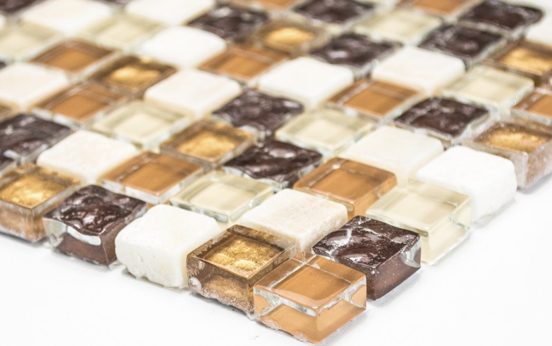 Glass mosaic natural stone mosaic tile beige brown cream ochre orange splashback kitchen - MOS92-1206