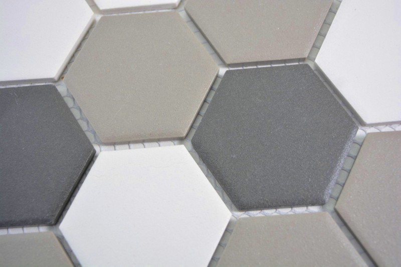 Hand-painted mosaic tile ceramic hexagon white gray black unglazed MOS11B-0123-R10_m