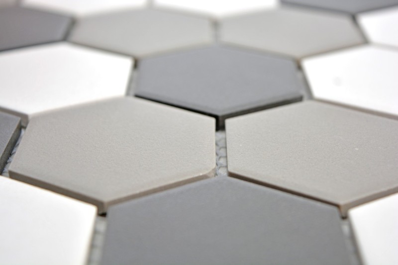 Hand-painted mosaic tile ceramic hexagon white gray black unglazed MOS11B-0123-R10_m