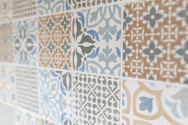 Retro vintage mosaic tile wall ceramic cream blue orange gray matt patchwork - MOS22B-1406