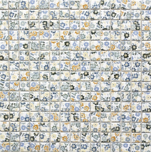 Hand-patterned mosaic tile retro vintage ceramic white colorful flowers tile backsplash MOS18C-1401_m