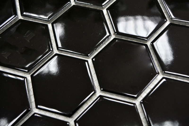 Hand-painted mosaic tile ceramic hexagon black glossy shower splashback MOS11B-0302_m