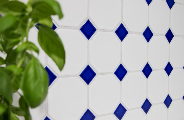 Hand-painted mosaic tile ceramic octagonal white matt cobalt blue glossy mosaic wall kitchen splashback MOSOcta-180_m